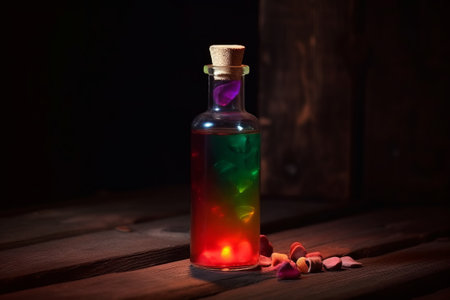 A simple and colorful illustration of a half-filled bottle of poison, placed on a wooden table, created using generative AI.の素材