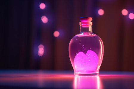 A charming stock illustration featuring a simple, colorful love potion bottle, half-filled and placed on a wooden table illuminated by neon lights, perfect for St. Valentine's Day. Created using generative AI technology.の素材