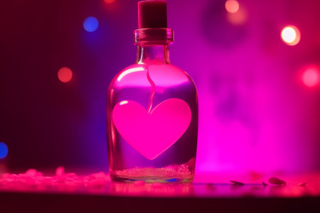 A charming stock illustration featuring a simple, colorful love potion bottle, half-filled and placed on a wooden table illuminated by neon lights, perfect for St. Valentine's Day. Created using generative AI technology.の素材