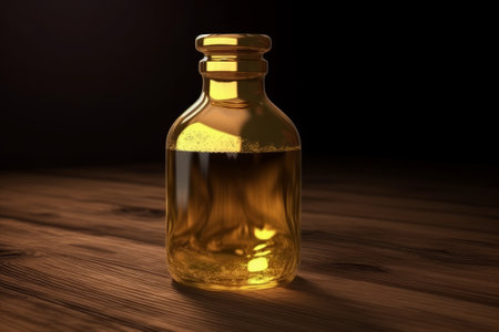 A luxurious gold potion bottle half-filled with liquid, placed on a table. This stock illustration represents wealth and luxury. Created using generative AI.の素材