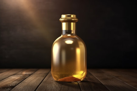 A luxurious gold potion bottle half-filled with liquid, placed on a table. This stock illustration represents wealth and luxury. Created using generative AI.の素材