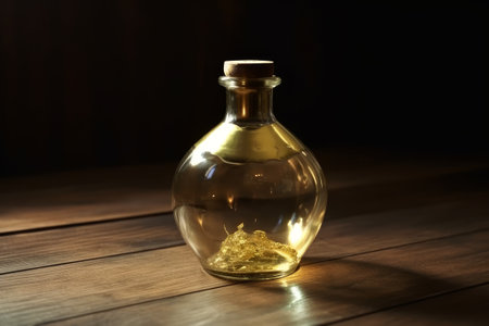 A luxurious gold potion bottle half-filled with liquid, placed on a table. This stock illustration represents wealth and luxury. Created using generative AI.の素材