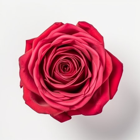 A stock illustration of a stunning single rose flower viewed from the top, in close-up detail, set against a white background. Created using generative AI.の素材