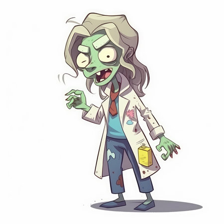 A cartoon-style female zombie doctor on a white background is a unique and eye-catching stock illustration generated by AI.の素材