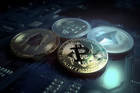 A stock illustration showcasing cryptocurrency as valuable digital assets using coin symbols. Created using Generative AI.の素材