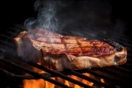 A succulent pork steak being cooked to perfection on a grill emitting smoke from hot coals. Perfect for food and BBQ related projects.の素材