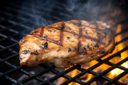 A succulent chicken steak sizzles on a hot grill, producing a little smoke from the coals' heat. Perfect for restaurant menus or food blogs.の素材