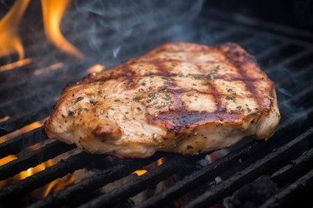 A succulent chicken steak sizzles on a hot grill, producing a little smoke from the coals' heat. Perfect for restaurant menus or food blogs.の素材