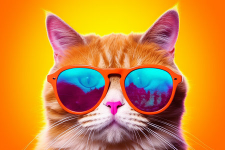 Illustration of a cute cat wearing sunglasses in a vibrant pop art background. Created using generative AI.の素材