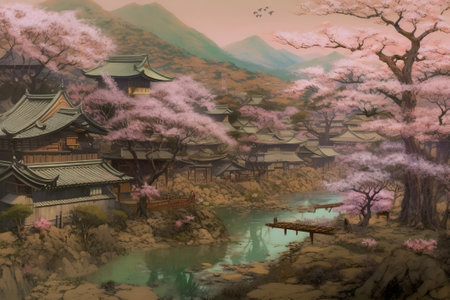 A stunning stock illustration featuring a peaceful oriental landscape during the beautiful Sakura season, created using Generative AI technology.の素材