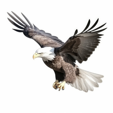 This stock illustration features an American eagle in flight against a white background. The image is created using generative AI techniques, resulting in a stunning and realistic depiction of the national bird of the United States.の素材