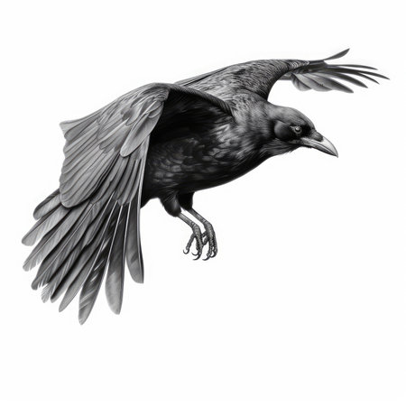 A beautiful and realistic illustration of a crow soaring through the sky against a white background. Created using generative AI technology.の素材