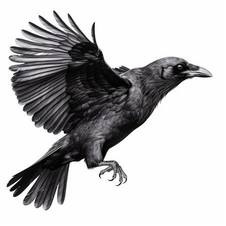 A beautiful and realistic illustration of a crow soaring through the sky against a white background. Created using generative AI technology.の素材