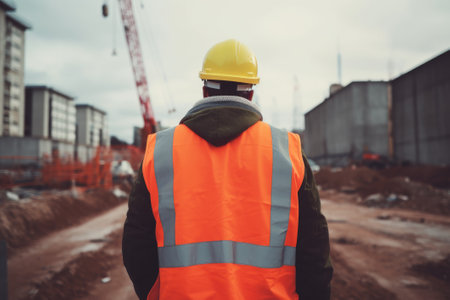 See the perspective of a worker heading to a construction site in this illustration created with Generative AI.の素材