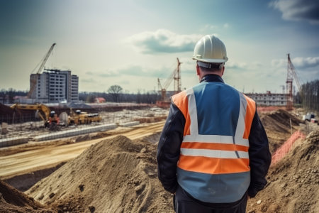 See the perspective of a worker heading to a construction site in this illustration created with Generative AI.の素材