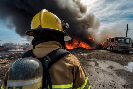 A stock illustration showing the back view of firefighters hurrying towards a fire site. The artwork was created using generative AI.の素材
