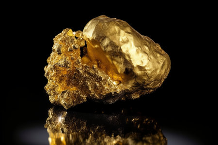 A stunning stock illustration of a closeup gold nugget in a studio photoshoot on a dark background, generated using AI.の素材