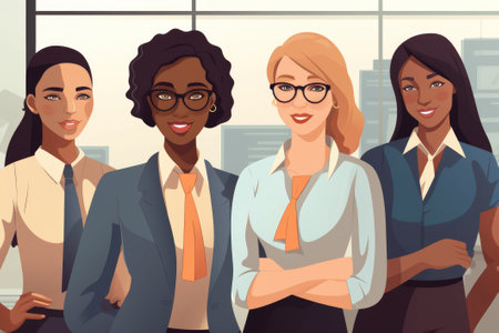 A colorful stock illustration of a diverse team in cartoon style, ready for office work. Generated by AI technology.の素材