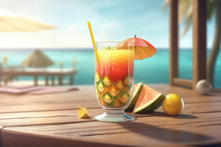 Relax and enjoy the perfect summer vacation with this stock illustration of a tropical cocktail on a beach bar table. The bright colors and vivid details will transport you to a tropical paradise. Generative AI technology was used to create this stunning image.の素材
