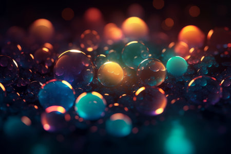 A dynamic and colorful stock illustration featuring neon lights and bokeh circles created with generative AI technology.の素材