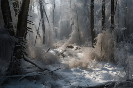 A peaceful snowy forest landscape illustration created using generative AI. Perfect for winter-themed designs and projects.の素材