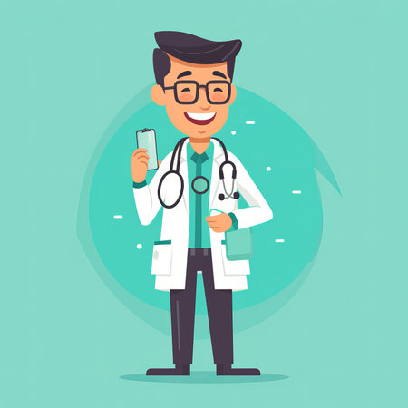 A happy and friendly cartoon doctor holding a stethoscope. This stock illustration is generated by AI.の素材