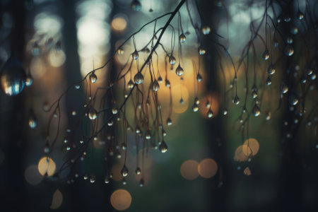 A peaceful scene of water droplets on tree branches against a blurred background. This stock illustration was generated using AI.の素材
