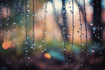 A peaceful scene of water droplets on tree branches against a blurred background. This stock illustration was generated using AI.の素材
