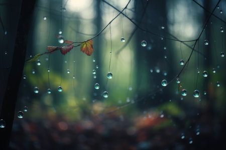 A peaceful scene of water droplets on tree branches against a blurred background. This stock illustration was generated using AI.の素材