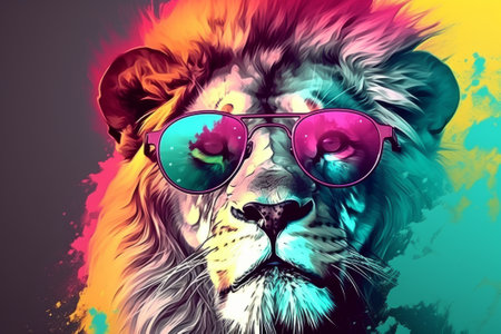 A cute illustration of a lion in sunglasses against a vibrant pop art background. Created using generative AI technology.の素材