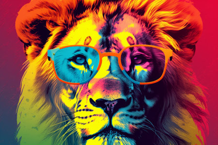 A cute illustration of a lion in sunglasses against a vibrant pop art background. Created using generative AI technology.の素材