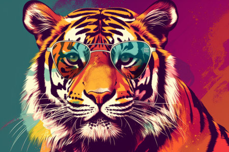 A stock illustration featuring a lovable tiger wearing sunglasses in a vibrant pop art backdrop. Created using Generative AI.の素材