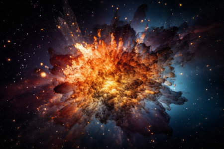 A stunning stock illustration of a close-up view of a cosmic event like a supernova explosion or asteroid impact created using generative AI.の素材