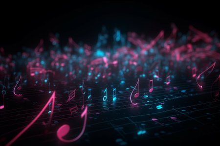 This stock illustration features beautiful pink and blue music notes on a dark background, created using generative AI.の素材
