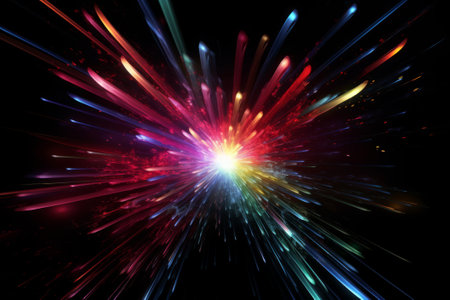 A visually striking stock illustration of a starburst with colorful rays moving slowly on a black background, inspired by sci-fi futurism and created with generative AI.の素材