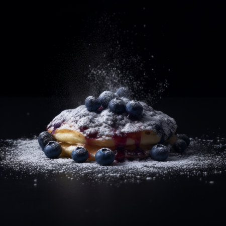 A stock illustration of a mouth-watering blueberry pancake sprinkled with sugar dust, created using generative AI. Perfect for food and cooking related projects.の素材