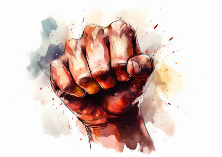 A powerful illustration of an angry fist on a white background, in the style of modern ink painting. Perfect for symbolizing protest against injustice and oppression.の素材