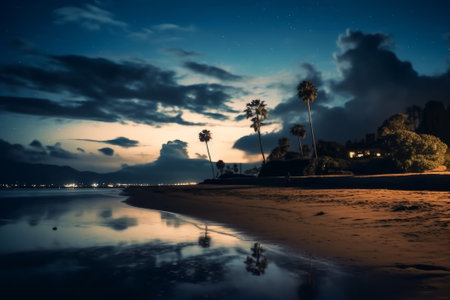 A peaceful and calming stock illustration of a beach at night, illuminated by the moonlight, created using generative AI technology.の素材