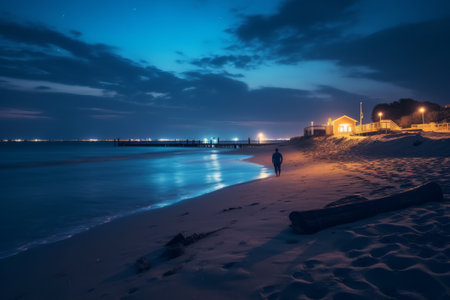 A peaceful and calming stock illustration of a beach at night, illuminated by the moonlight, created using generative AI technology.の素材
