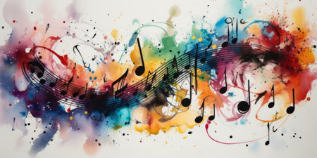 A colorful and dynamic stock illustration of musical notes and splatters in the style of arabesque, generated by AI.の素材