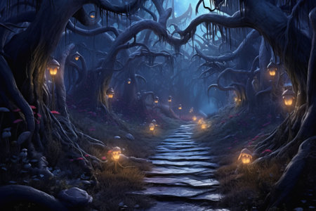 A magical pathway shines through a dark, eerie forest in this fairy tale-inspired illustration created using Generative AI.の素材