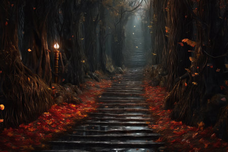 A magical pathway shines through a dark, eerie forest in this fairy tale-inspired illustration created using Generative AI.の素材