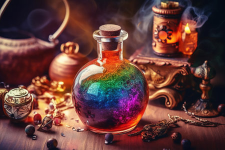 A stock illustration of a fairy tale style colorful poison potion in a cauldron on a table, generated using AI.の素材