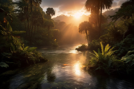 A stunning illustration of a sunrise in a lush tropical jungle, with vibrant colors and an Australian landscape feel, created using Generative AI.の素材