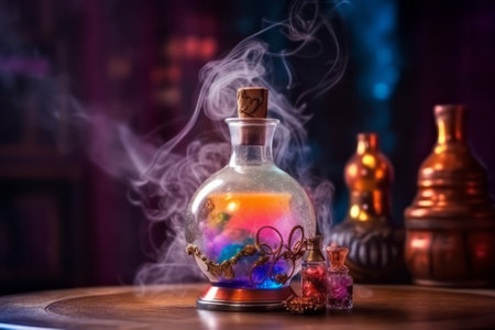 A magical and vivid illustration featuring a witchcraft poison potion on a table surrounded by light smoke, created with generative AI.の素材