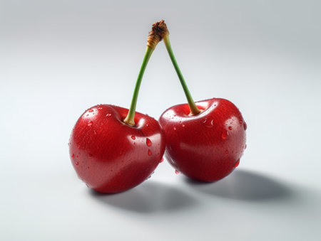 A visually appealing stock illustration featuring two cherries with leaves on a light background. Created using generative AI technology.の素材