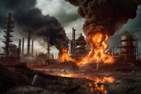 Witness the aftermath of an oil plant disaster through this powerful stock illustration created using generative AI. Experience the destruction and environmental impact in a compelling visual format.の素材