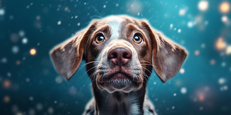 An illustration of a cute dog with shining eyes and a surprised expression. The background is blurred. Created using generative AI technology.の素材