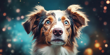 An illustration of a cute dog with shining eyes and a surprised expression. The background is blurred. Created using generative AI technology.の素材