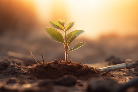 A captivating stock illustration featuring a young plant sprouting from the soil, bathed in sunlight against a beautiful blurred backdrop. Created using cutting-edge generative AI.の素材